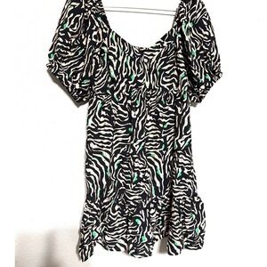 Nine West Zebra Print Puff Sleeve Babydoll Smocked Summer Mini Dress SZ L Vaca